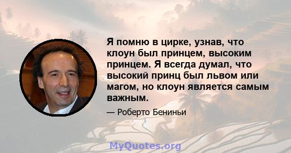 Я помню в цирке, узнав, что клоун был принцем, высоким принцем. Я всегда думал, что высокий принц был львом или магом, но клоун является самым важным.