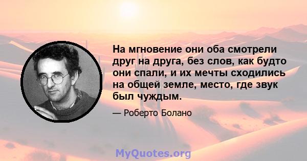 На мгновение они оба смотрели друг на друга, без слов, как будто они спали, и их мечты сходились на общей земле, место, где звук был чуждым.