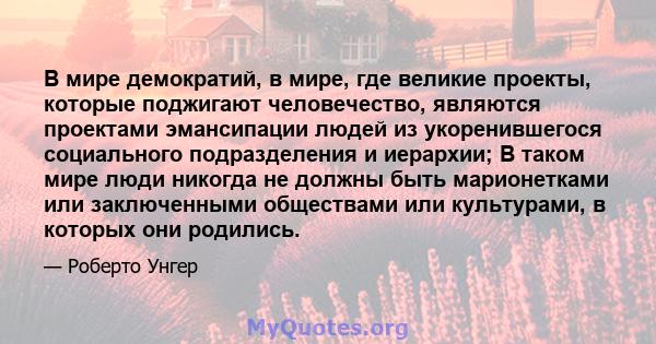 В мире демократий, в мире, где великие проекты, которые поджигают человечество, являются проектами эмансипации людей из укоренившегося социального подразделения и иерархии; В таком мире люди никогда не должны быть