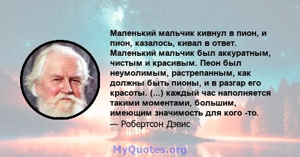 Маленький мальчик кивнул в пион, и пион, казалось, кивал в ответ. Маленький мальчик был аккуратным, чистым и красивым. Пеон был неумолимым, растрепанным, как должны быть пионы, и в разгар его красоты. (...) каждый час