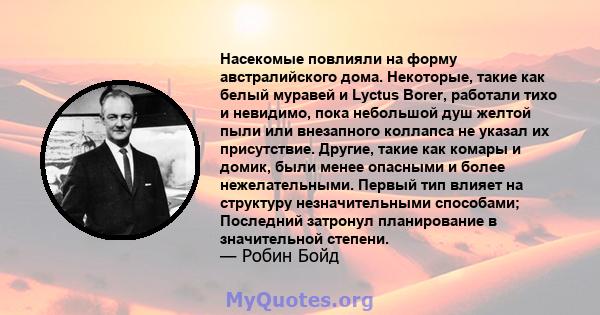 Насекомые повлияли на форму австралийского дома. Некоторые, такие как белый муравей и Lyctus Borer, работали тихо и невидимо, пока небольшой душ желтой пыли или внезапного коллапса не указал их присутствие. Другие,