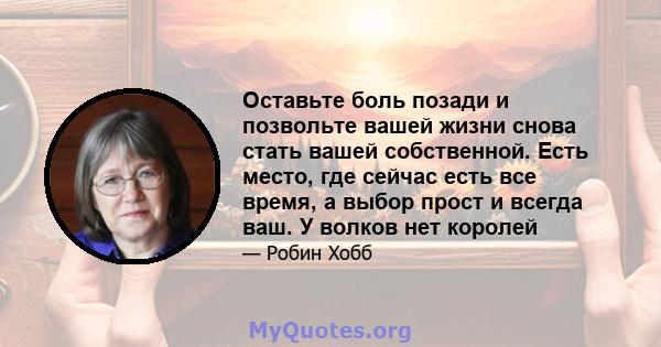 Оставьте боль позади и позвольте вашей жизни снова стать вашей собственной. Есть место, где сейчас есть все время, а выбор прост и всегда ваш. У волков нет королей