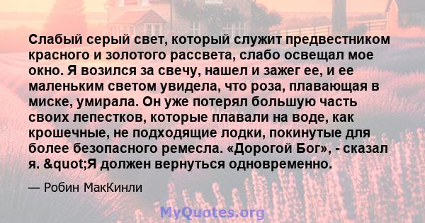 Слабый серый свет, который служит предвестником красного и золотого рассвета, слабо освещал мое окно. Я возился за свечу, нашел и зажег ее, и ее маленьким светом увидела, что роза, плавающая в миске, умирала. Он уже