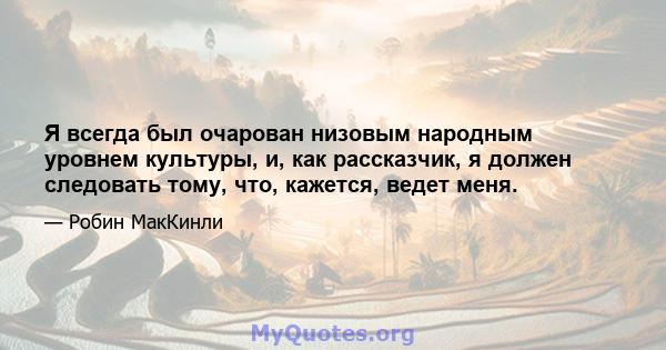 Я всегда был очарован низовым народным уровнем культуры, и, как рассказчик, я должен следовать тому, что, кажется, ведет меня.