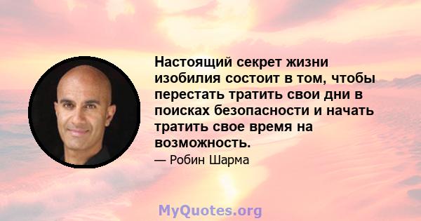 Настоящий секрет жизни изобилия состоит в том, чтобы перестать тратить свои дни в поисках безопасности и начать тратить свое время на возможность.