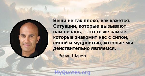 Вещи не так плохо, как кажется. Ситуации, которые вызывают нам печаль, - это те же самые, которые знакомит нас с силой, силой и мудростью, которые мы действительно являемся.