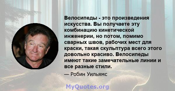 Велосипеды - это произведения искусства. Вы получаете эту комбинацию кинетической инженерии, но потом, помимо сварных швов, рабочих мест для краски, такая скульптура всего этого довольно красиво. Велосипеды имеют такие