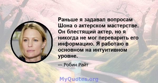 Раньше я задавал вопросам Шона о актерском мастерстве. Он блестящий актер, но я никогда не мог переварить его информацию. Я работаю в основном на интуитивном уровне.