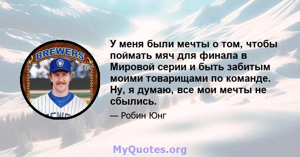 У меня были мечты о том, чтобы поймать мяч для финала в Мировой серии и быть забитым моими товарищами по команде. Ну, я думаю, все мои мечты не сбылись.