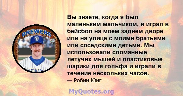 Вы знаете, когда я был маленьким мальчиком, я играл в бейсбол на моем заднем дворе или на улице с моими братьями или соседскими детьми. Мы использовали сломанные летучих мышей и пластиковые шарики для гольфа и играли в