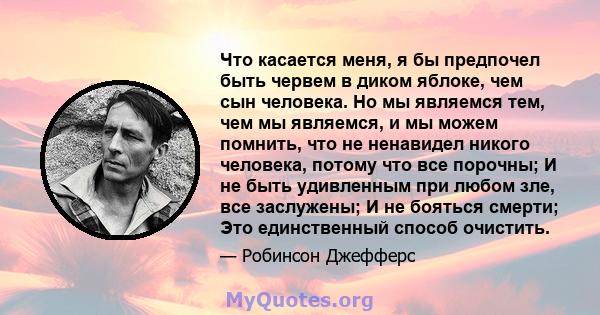 Что касается меня, я бы предпочел быть червем в диком яблоке, чем сын человека. Но мы являемся тем, чем мы являемся, и мы можем помнить, что не ненавидел никого человека, потому что все порочны; И не быть удивленным при 