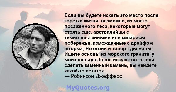 Если вы будете искать это место после горстки жизни: возможно, из моего посаженного леса, некоторые могут стоять еще, австралийцы с темно-листинными или кипарисы побережья, изможденные с дрейфом шторма; Но огонь и топор 