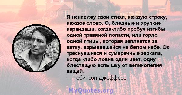 Я ненавижу свои стихи, каждую строку, каждое слово. О, бледные и хрупкие карандаши, когда-либо пробуя изгибы одной травяной лопасти, или горло одной птицы, которая цепляется за ветку, взрывавшейся на белом небе. Ох