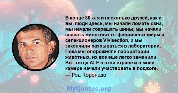 В конце 80 -х я и несколько друзей, как и вы, люди здесь, мы начали ломать окна, мы начали сокращать шины, мы начали спасать животных от фабричных ферм и селекционеров Vivisection, и мы закончили разрываться в