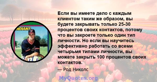 Если вы имеете дело с каждым клиентом таким же образом, вы будете закрывать только 25-30 процентов своих контактов, потому что вы закроете только один тип личности. Но если вы научитесь эффективно работать со всеми