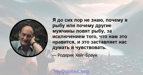 Я до сих пор не знаю, почему я рыбу или почему другие мужчины ловят рыбу, за исключением того, что нам это нравится, и это заставляет нас думать и чувствовать.