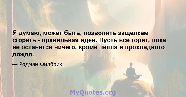 Я думаю, может быть, позволить защелкам сгореть - правильная идея. Пусть все горит, пока не останется ничего, кроме пепла и прохладного дождя.