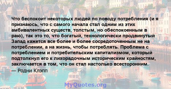 Что беспокоит некоторых людей по поводу потребления (и я признаюсь, что с самого начала стал одним из этих амбивалентных существ, толстым, но обеспокоенным в раю), так это то, что богатый, технологически продвинутый