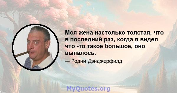 Моя жена настолько толстая, что в последний раз, когда я видел что -то такое большое, оно выпалось.