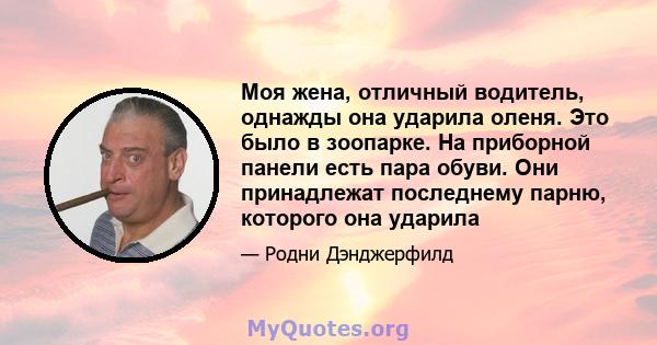 Моя жена, отличный водитель, однажды она ударила оленя. Это было в зоопарке. На приборной панели есть пара обуви. Они принадлежат последнему парню, которого она ударила