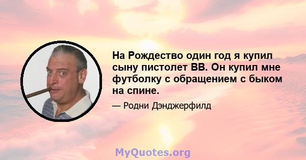 На Рождество один год я купил сыну пистолет BB. Он купил мне футболку с обращением с быком на спине.