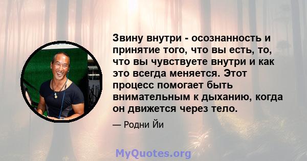 Звину внутри - осознанность и принятие того, что вы есть, то, что вы чувствуете внутри и как это всегда меняется. Этот процесс помогает быть внимательным к дыханию, когда он движется через тело.