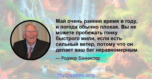 Май очень ранний время в году, и погода обычно плохая. Вы не можете пробежать гонку быстрого мили, если есть сильный ветер, потому что он делает ваш бег неравномерным.