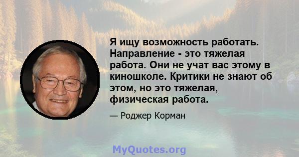 Я ищу возможность работать. Направление - это тяжелая работа. Они не учат вас этому в киношколе. Критики не знают об этом, но это тяжелая, физическая работа.