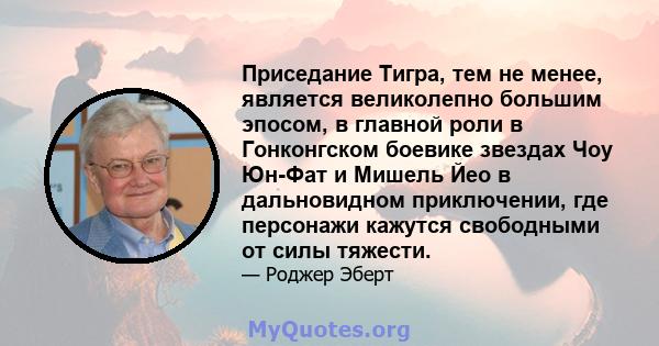 Приседание Тигра, тем не менее, является великолепно большим эпосом, в главной роли в Гонконгском боевике звездах Чоу Юн-Фат и Мишель Йео в дальновидном приключении, где персонажи кажутся свободными от силы тяжести.