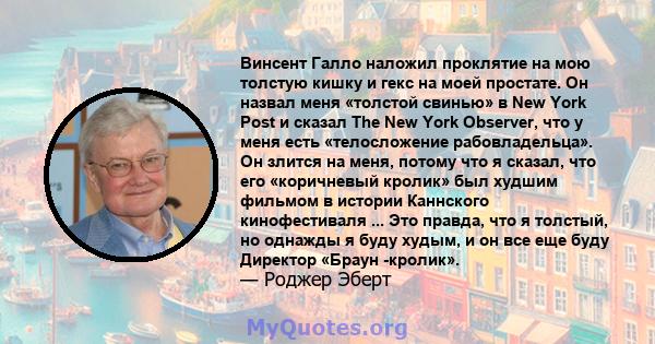 Винсент Галло наложил проклятие на мою толстую кишку и гекс на моей простате. Он назвал меня «толстой свинью» в New York Post и сказал The New York Observer, что у меня есть «телосложение рабовладельца». Он злится на