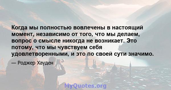 Когда мы полностью вовлечены в настоящий момент, независимо от того, что мы делаем, вопрос о смысле никогда не возникает. Это потому, что мы чувствуем себя удовлетворенными, и это по своей сути значимо.