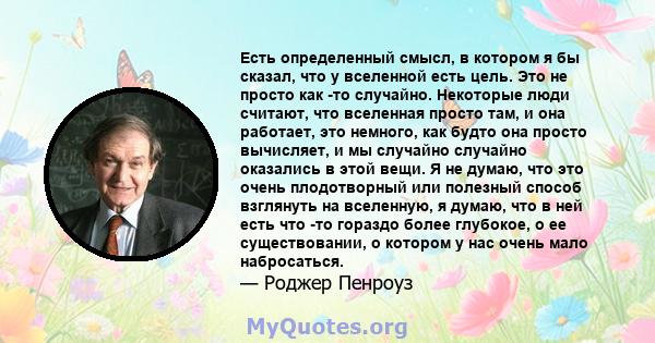 Есть определенный смысл, в котором я бы сказал, что у вселенной есть цель. Это не просто как -то случайно. Некоторые люди считают, что вселенная просто там, и она работает, это немного, как будто она просто вычисляет, и 