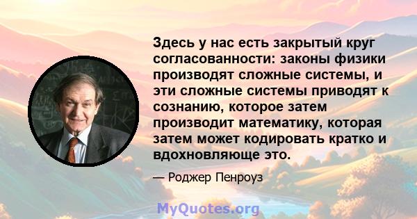 Здесь у нас есть закрытый круг согласованности: законы физики производят сложные системы, и эти сложные системы приводят к сознанию, которое затем производит математику, которая затем может кодировать кратко и