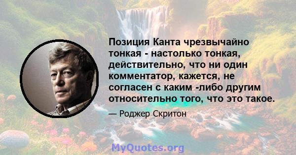 Позиция Канта чрезвычайно тонкая - настолько тонкая, действительно, что ни один комментатор, кажется, не согласен с каким -либо другим относительно того, что это такое.