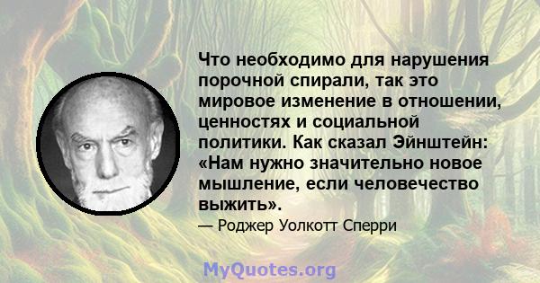 Что необходимо для нарушения порочной спирали, так это мировое изменение в отношении, ценностях и социальной политики. Как сказал Эйнштейн: «Нам нужно значительно новое мышление, если человечество выжить».