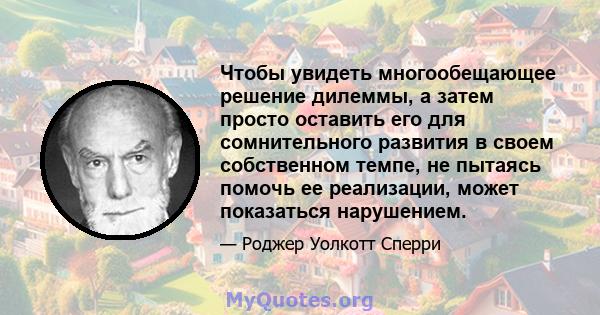 Чтобы увидеть многообещающее решение дилеммы, а затем просто оставить его для сомнительного развития в своем собственном темпе, не пытаясь помочь ее реализации, может показаться нарушением.