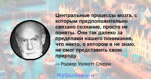 Центральные процессы мозга, с которым предположительно связано сознание, просто не поняты. Они так далеко за пределами нашего понимания, что никто, о котором я не знаю, не смог представить свою природу.