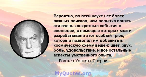 Вероятно, во всей науке нет более важных поисков, чем попытка понять эти очень конкретные события в эволюции, с помощью которых мозги разрабатывали этот особый трюк, который позволил им добавить в космическую схему