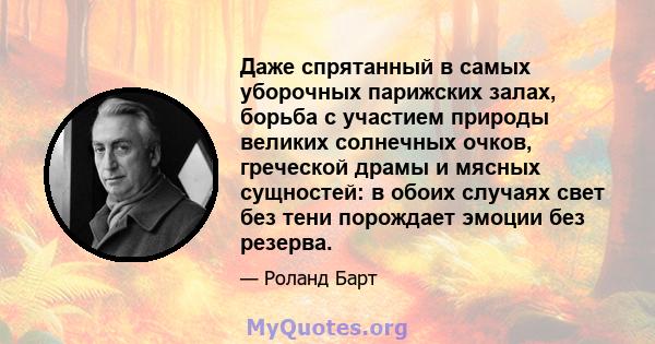 Даже спрятанный в самых уборочных парижских залах, борьба с участием природы великих солнечных очков, греческой драмы и мясных сущностей: в обоих случаях свет без тени порождает эмоции без резерва.