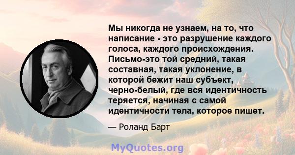 Мы никогда не узнаем, на то, что написание - это разрушение каждого голоса, каждого происхождения. Письмо-это той средний, такая составная, такая уклонение, в которой бежит наш субъект, черно-белый, где вся идентичность 