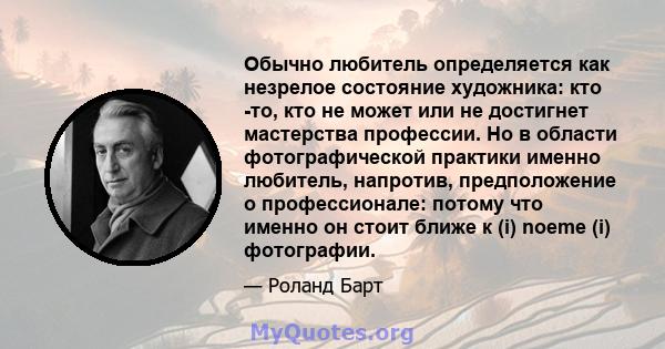 Обычно любитель определяется как незрелое состояние художника: кто -то, кто не может или не достигнет мастерства профессии. Но в области фотографической практики именно любитель, напротив, предположение о профессионале: 