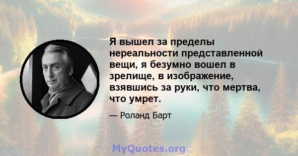 Я вышел за пределы нереальности представленной вещи, я безумно вошел в зрелище, в изображение, взявшись за руки, что мертва, что умрет.