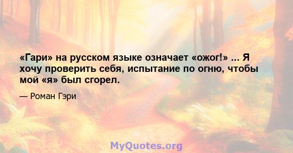 «Гари» на русском языке означает «ожог!» ... Я хочу проверить себя, испытание по огню, чтобы мой «я» был сгорел.