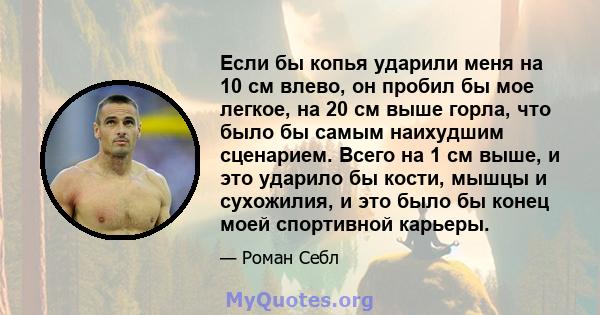 Если бы копья ударили меня на 10 см влево, он пробил бы мое легкое, на 20 см выше горла, что было бы самым наихудшим сценарием. Всего на 1 см выше, и это ударило бы кости, мышцы и сухожилия, и это было бы конец моей