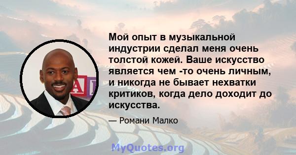 Мой опыт в музыкальной индустрии сделал меня очень толстой кожей. Ваше искусство является чем -то очень личным, и никогда не бывает нехватки критиков, когда дело доходит до искусства.