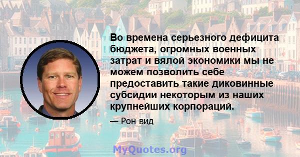 Во времена серьезного дефицита бюджета, огромных военных затрат и вялой экономики мы не можем позволить себе предоставить такие диковинные субсидии некоторым из наших крупнейших корпораций.