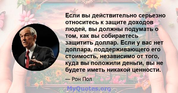 Если вы действительно серьезно относитесь к защите доходов людей, вы должны подумать о том, как вы собираетесь защитить доллар. Если у вас нет доллара, поддерживающего его стоимость, независимо от того, куда вы положили 