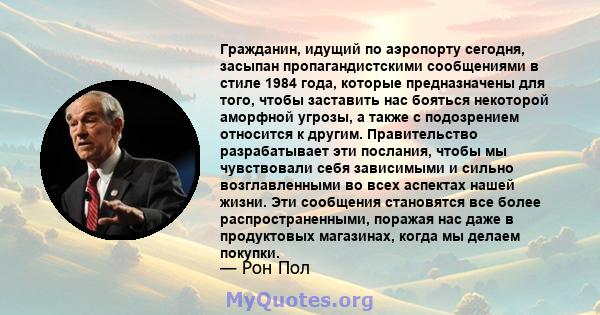 Гражданин, идущий по аэропорту сегодня, засыпан пропагандистскими сообщениями в стиле 1984 года, которые предназначены для того, чтобы заставить нас бояться некоторой аморфной угрозы, а также с подозрением относится к