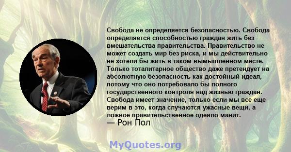 Свобода не определяется безопасностью. Свобода определяется способностью граждан жить без вмешательства правительства. Правительство не может создать мир без риска, и мы действительно не хотели бы жить в таком