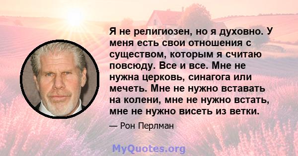 Я не религиозен, но я духовно. У меня есть свои отношения с существом, которым я считаю повсюду. Все и все. Мне не нужна церковь, синагога или мечеть. Мне не нужно вставать на колени, мне не нужно встать, мне не нужно